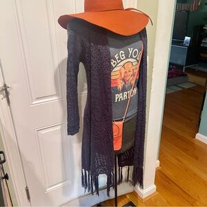 Open-front waterfall crochet cardigan with fringe. Navy, size M